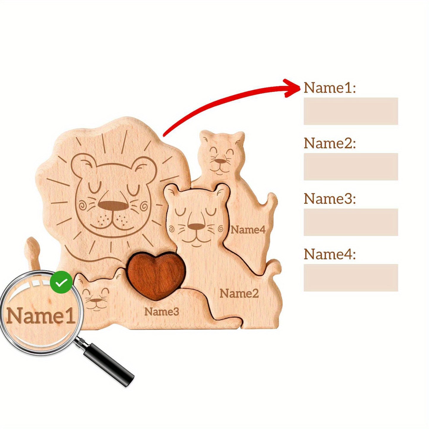 Personalized wooden cat family puzzle with 2-5 names. Ideal gift for family members. High-quality decor and special birthday present.