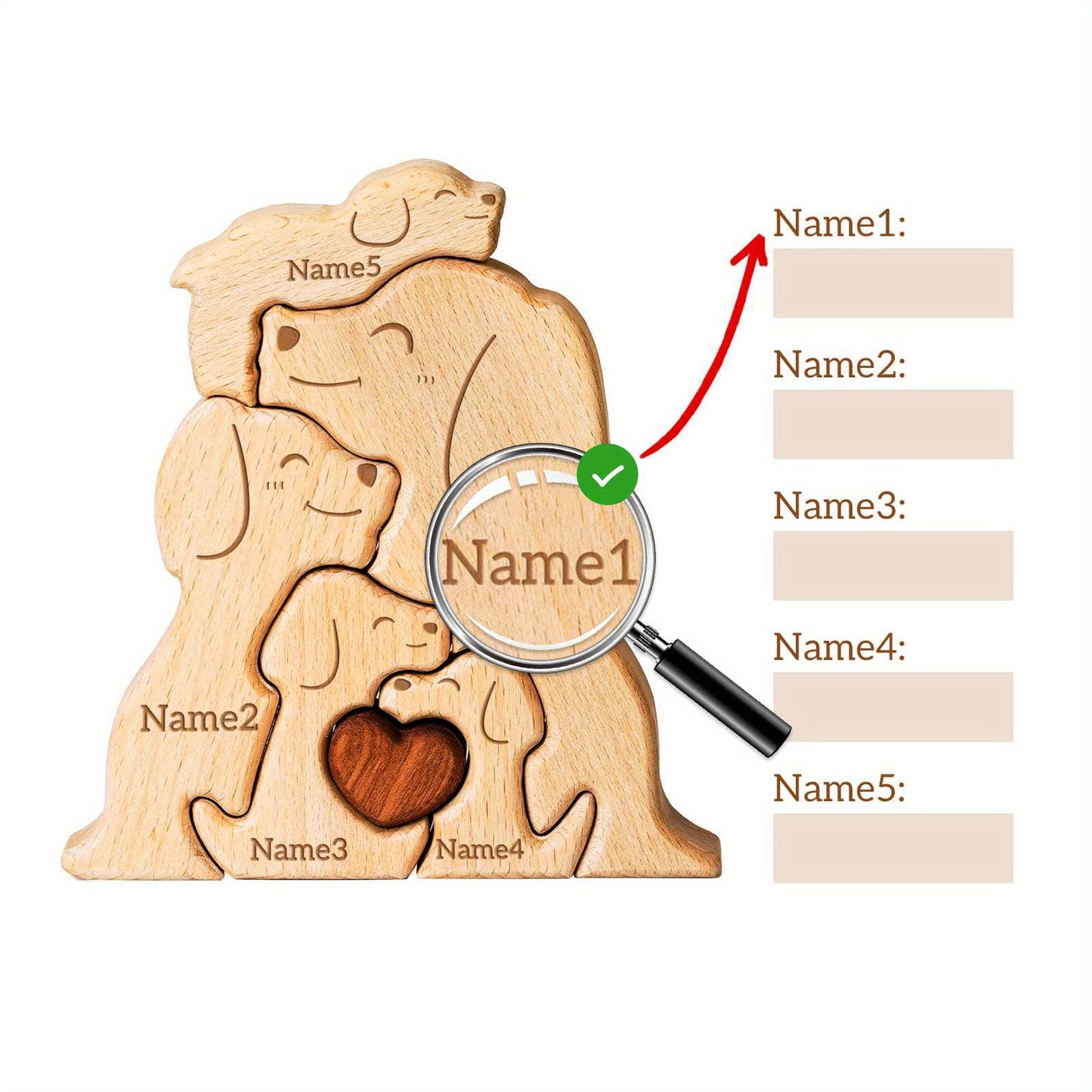 2-5 ta ism bilan shaxsiylashtirilgan yog'och mushuk oilasi puzli. Oila a'zolari uchun ideal sovg'a. Yuqori sifatli dekor va maxsus tug'ilgan kun sovg'asi.