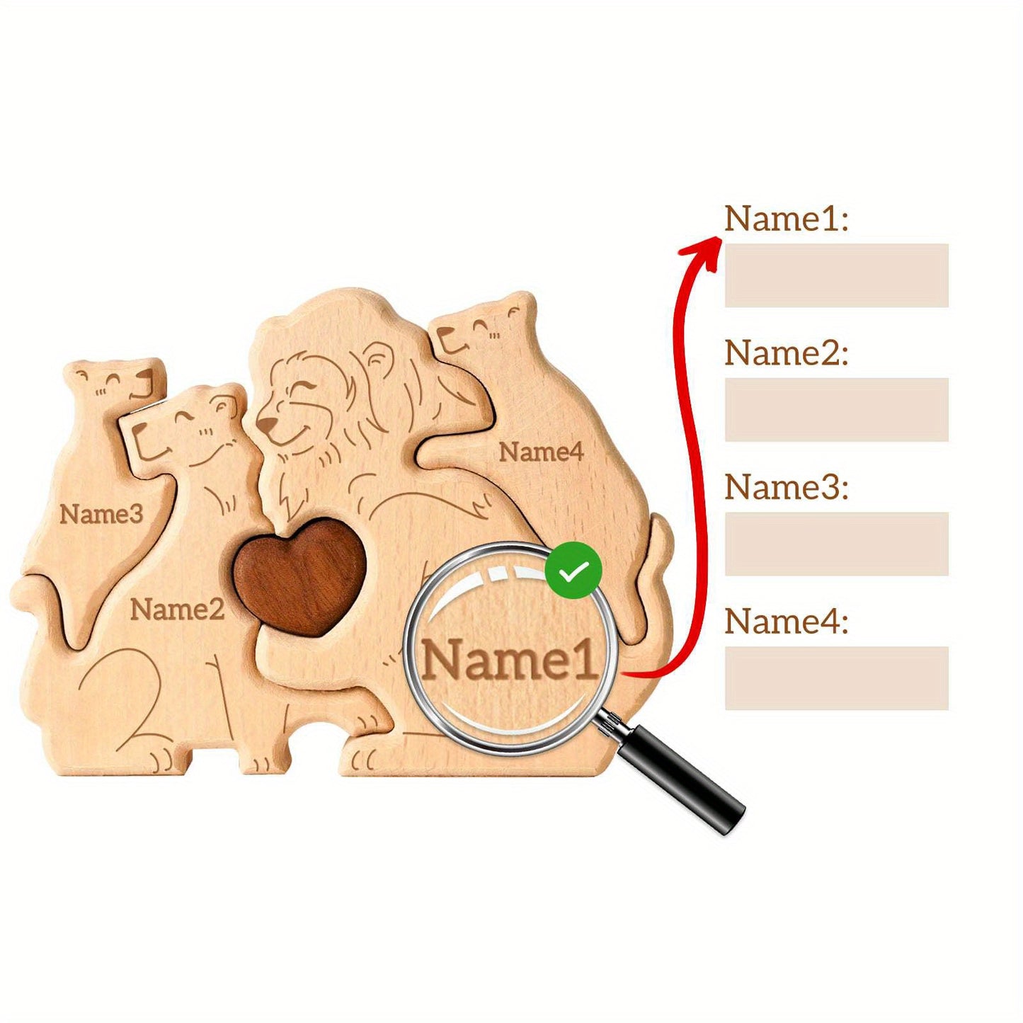 Personalized wooden cat family puzzle with 2-5 names. Ideal gift for family members. High-quality decor and special birthday present.