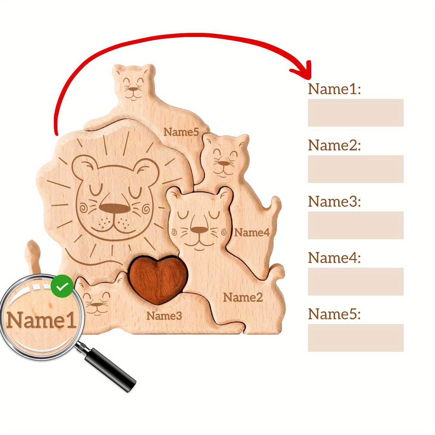 Personalized wooden cat family puzzle with 2-5 names. Ideal gift for family members. High-quality decor and special birthday present.