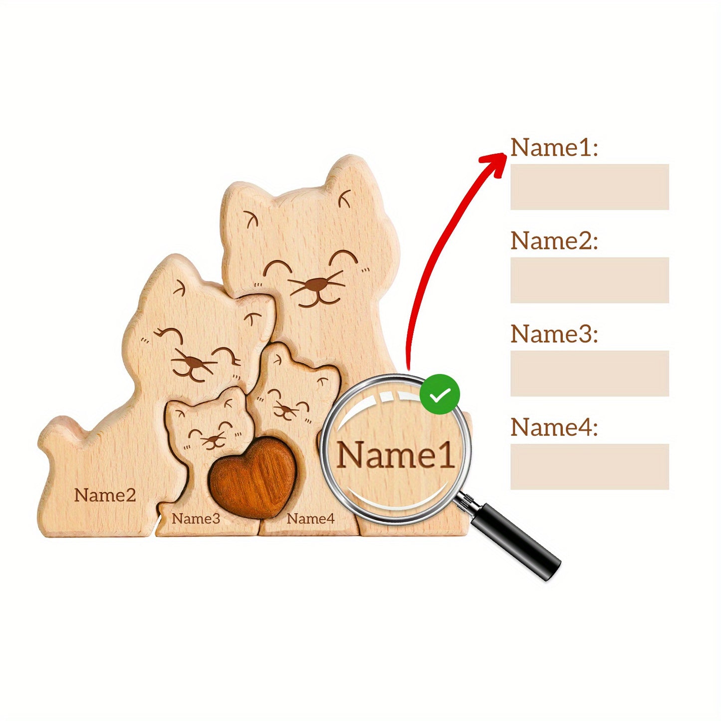 Personalized wooden cat family puzzle with 2-5 names. Ideal gift for family members. High-quality decor and special birthday present.