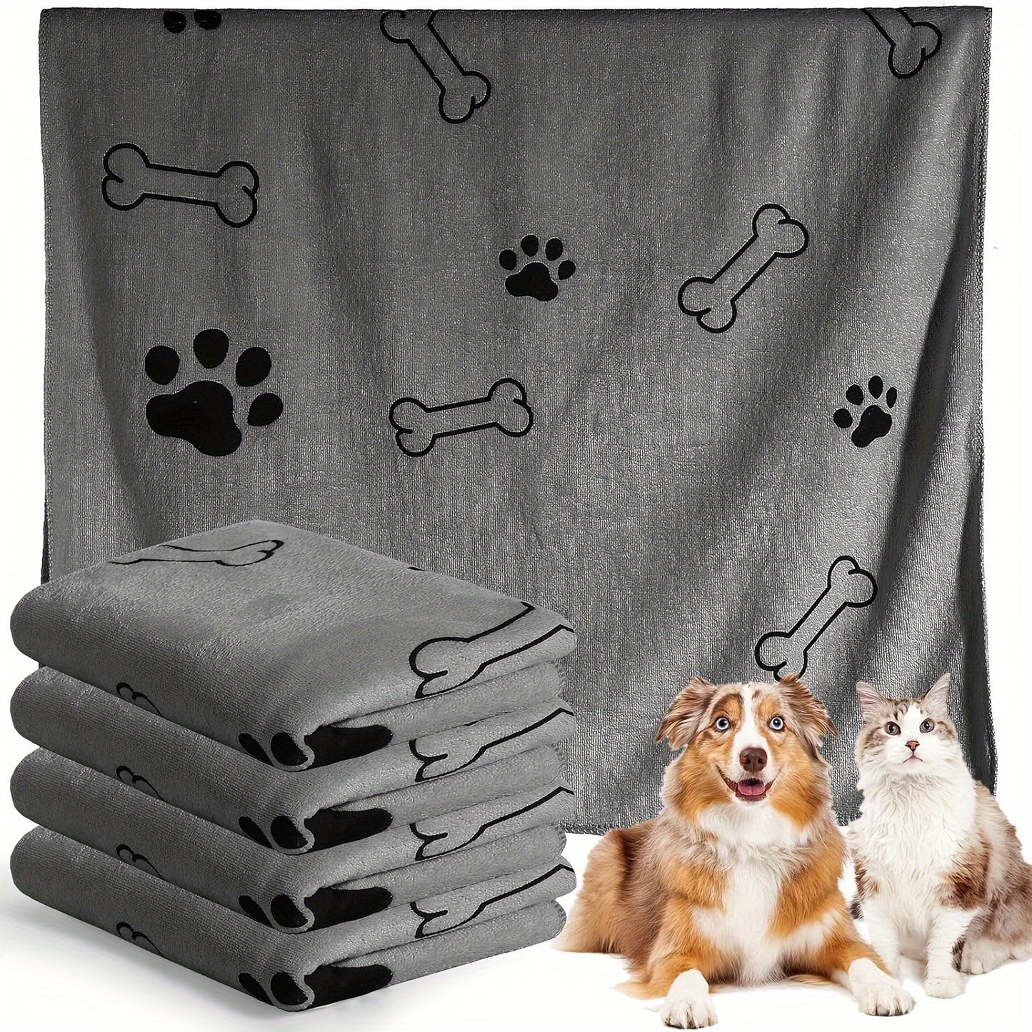 Super absorbent microfiber dog towel for medium to large breeds in gray, quick-drying and soft for pet bathing and grooming.