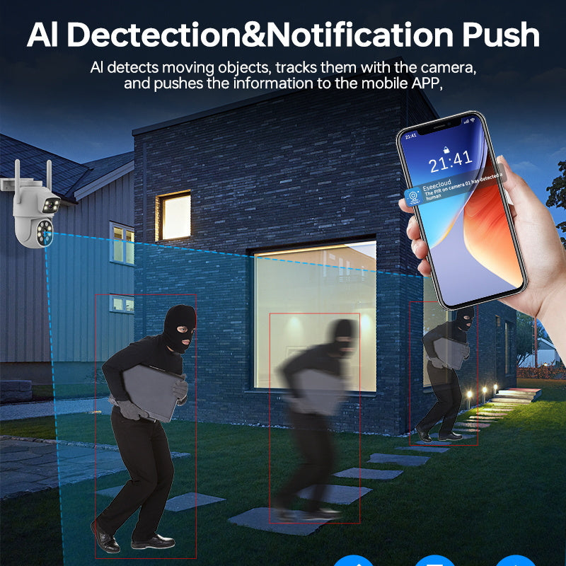 The ZHXINSD Dual Lens WiFi Security Camera offers advanced features for smart home and outdoor surveillance. With AI human detection, 2.4G/5G connectivity, alarm notifications, two-way audio, and USB powered design, this camera ensures comprehensive