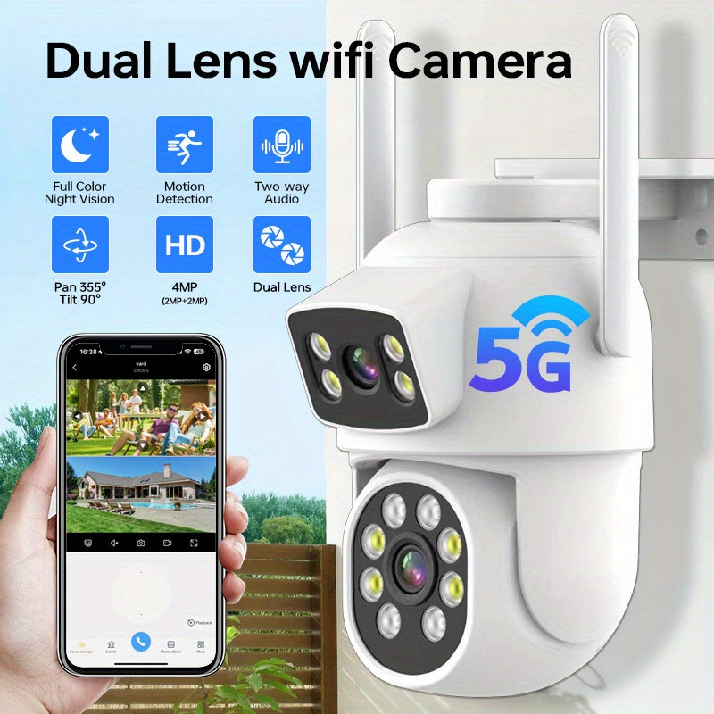 Smart Home Security Camera with Dual Lens, WIFI Connectivity, IP65 Waterproof Rating, PTZ Functionality for Indoor and Outdoor Use, AI Human Motion Detection, 2.4G/5G Wifi Compatibility, Alarm Notifications, Video Surveillance Capabilities, Two-Way Audio