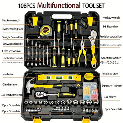 108-piece tool set for home and auto repairs, no electricity or batteries needed, made of carbon steel