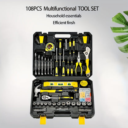 108-piece tool set for home and auto repairs, no electricity or batteries needed, made of carbon steel