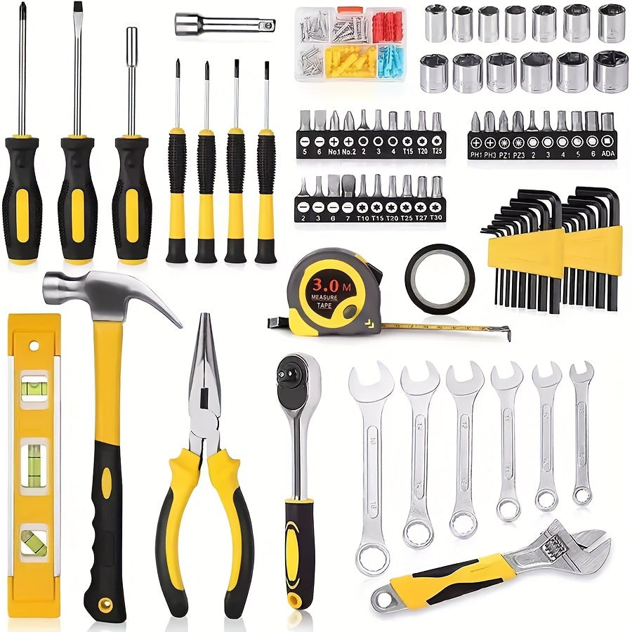 108-piece tool set for home and auto repairs, no electricity or batteries needed, made of carbon steel