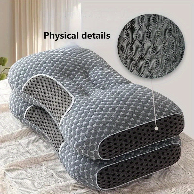 Ergonomically designed neck support pillow provides pain relief for back and stomach sleepers. Features a breathable polyester pillowcase that is washable. Includes a diamond pattern design and side bolster for added comfort. Ideal for those seeking