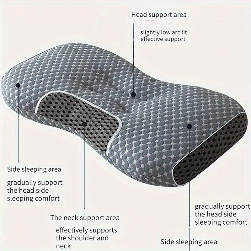 Ergonomically designed neck support pillow provides pain relief for back and stomach sleepers. Features a breathable polyester pillowcase that is washable. Includes a diamond pattern design and side bolster for added comfort. Ideal for those seeking