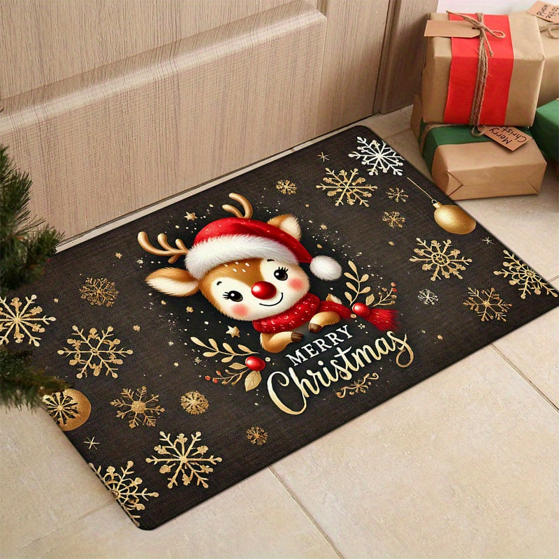 Christmas-themed Reindeer Doormat - 1 Piece, Non-Slip, Easy to Clean in Machine, Made of Polyester, Featuring Low Pile, Flat Woven Design with Striped and Plaid Patterns, Ideal Festive Floor Mat for Various Spaces in Your Home such as Entryway, Kitchen