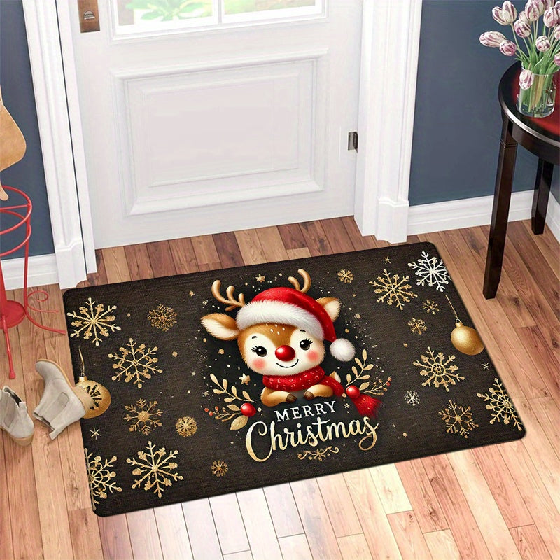 Christmas-themed Reindeer Doormat - 1 Piece, Non-Slip, Easy to Clean in Machine, Made of Polyester, Featuring Low Pile, Flat Woven Design with Striped and Plaid Patterns, Ideal Festive Floor Mat for Various Spaces in Your Home such as Entryway, Kitchen