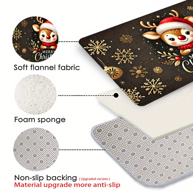 Christmas-themed Reindeer Doormat - 1 Piece, Non-Slip, Easy to Clean in Machine, Made of Polyester, Featuring Low Pile, Flat Woven Design with Striped and Plaid Patterns, Ideal Festive Floor Mat for Various Spaces in Your Home such as Entryway, Kitchen