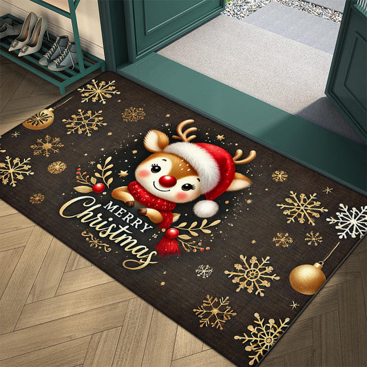 Christmas-themed Reindeer Doormat - 1 Piece, Non-Slip, Easy to Clean in Machine, Made of Polyester, Featuring Low Pile, Flat Woven Design with Striped and Plaid Patterns, Ideal Festive Floor Mat for Various Spaces in Your Home such as Entryway, Kitchen