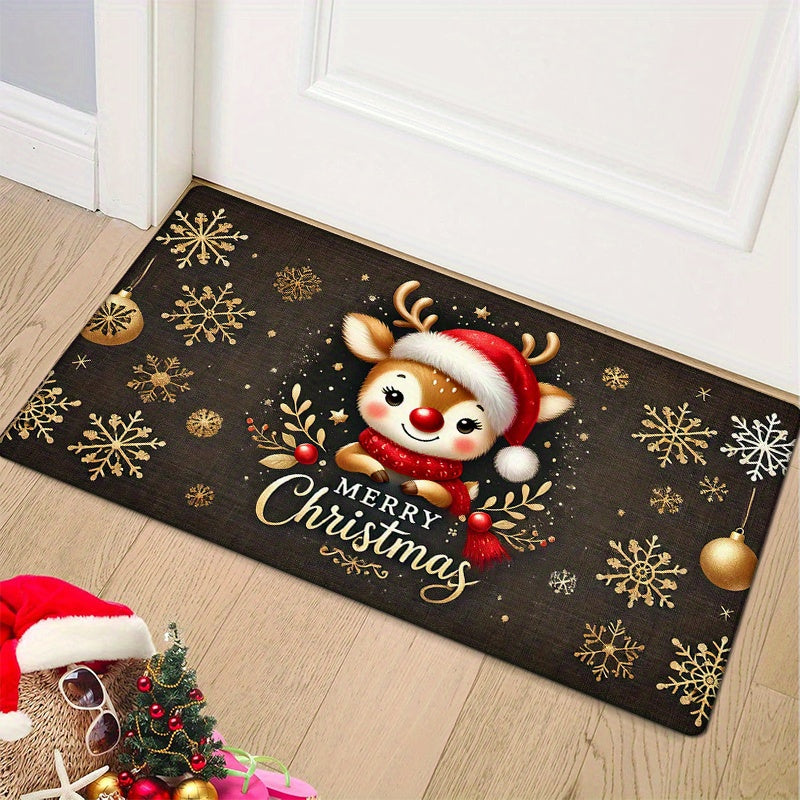 Christmas-themed Reindeer Doormat - 1 Piece, Non-Slip, Easy to Clean in Machine, Made of Polyester, Featuring Low Pile, Flat Woven Design with Striped and Plaid Patterns, Ideal Festive Floor Mat for Various Spaces in Your Home such as Entryway, Kitchen