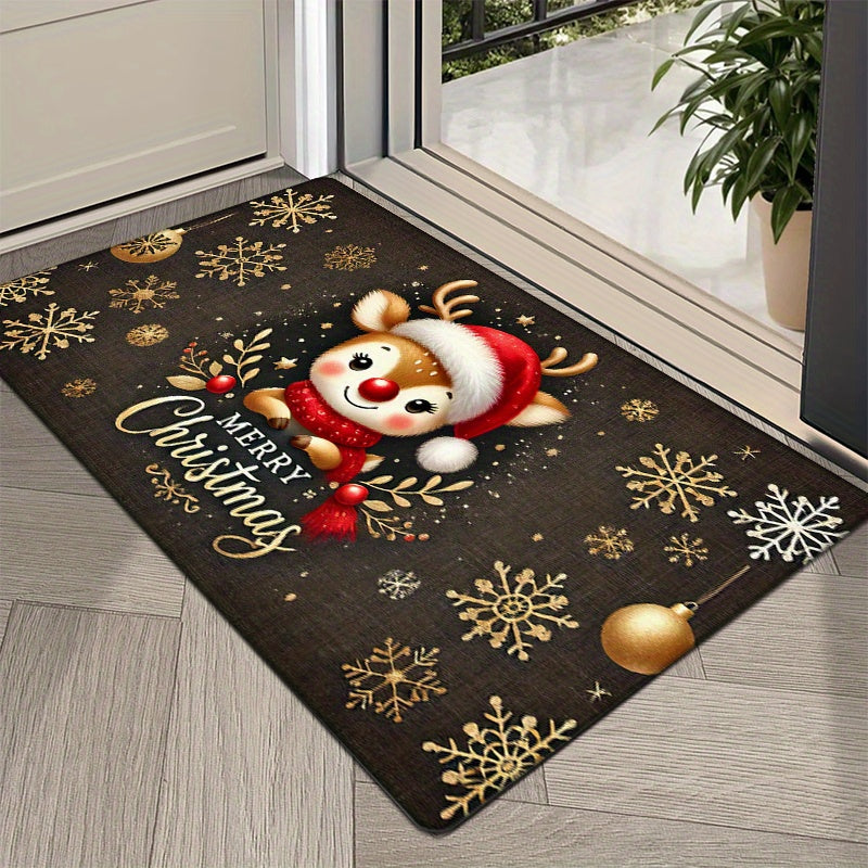 Christmas-themed Reindeer Doormat - 1 Piece, Non-Slip, Easy to Clean in Machine, Made of Polyester, Featuring Low Pile, Flat Woven Design with Striped and Plaid Patterns, Ideal Festive Floor Mat for Various Spaces in Your Home such as Entryway, Kitchen