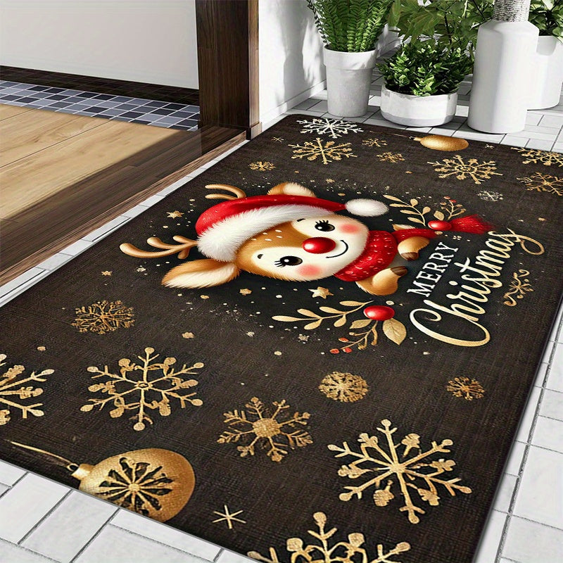 Christmas-themed Reindeer Doormat - 1 Piece, Non-Slip, Easy to Clean in Machine, Made of Polyester, Featuring Low Pile, Flat Woven Design with Striped and Plaid Patterns, Ideal Festive Floor Mat for Various Spaces in Your Home such as Entryway, Kitchen