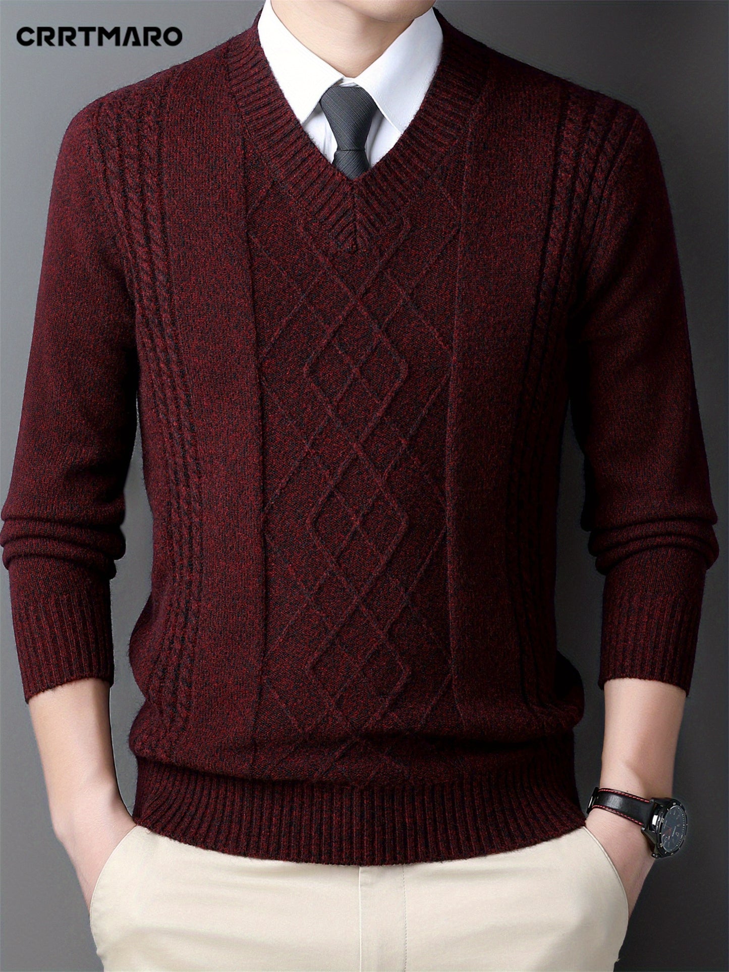 Men's red V-neck sweater with diamond pattern, long sleeves, ideal for fall and winter, can be layered for a formal look.