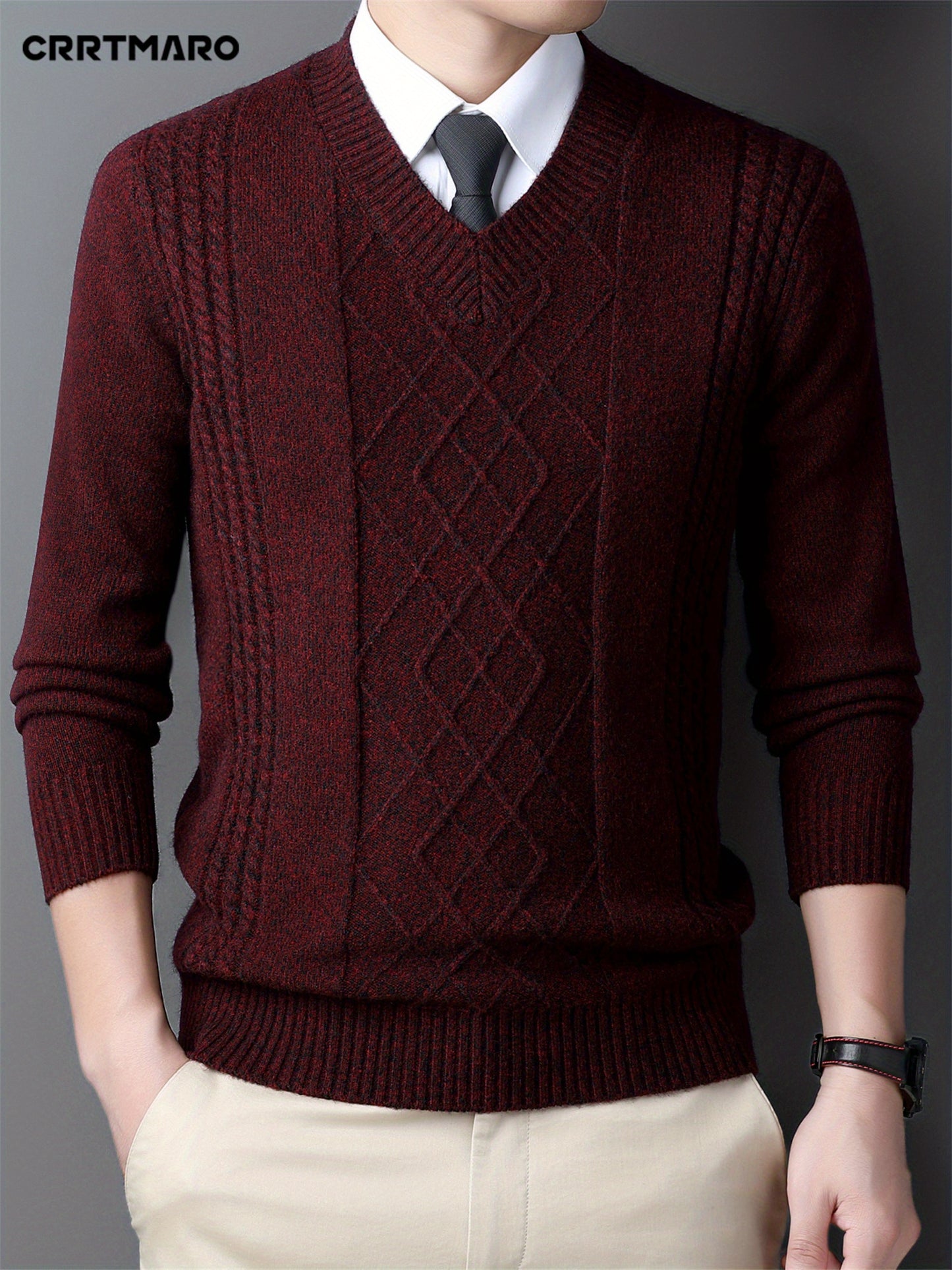 Men's red V-neck sweater with diamond pattern, long sleeves, ideal for fall and winter, can be layered for a formal look.