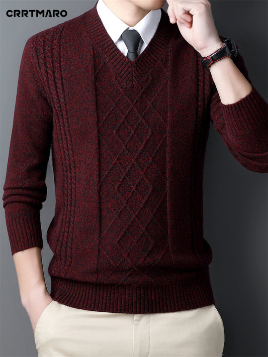 Men's red V-neck sweater with diamond pattern, long sleeves, ideal for fall and winter, can be layered for a formal look.