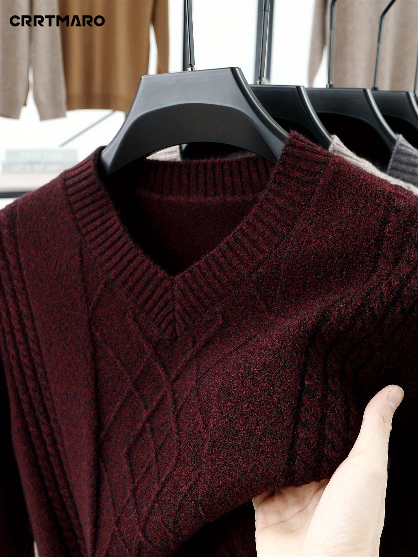 Men's red V-neck sweater with diamond pattern, long sleeves, ideal for fall and winter, can be layered for a formal look.