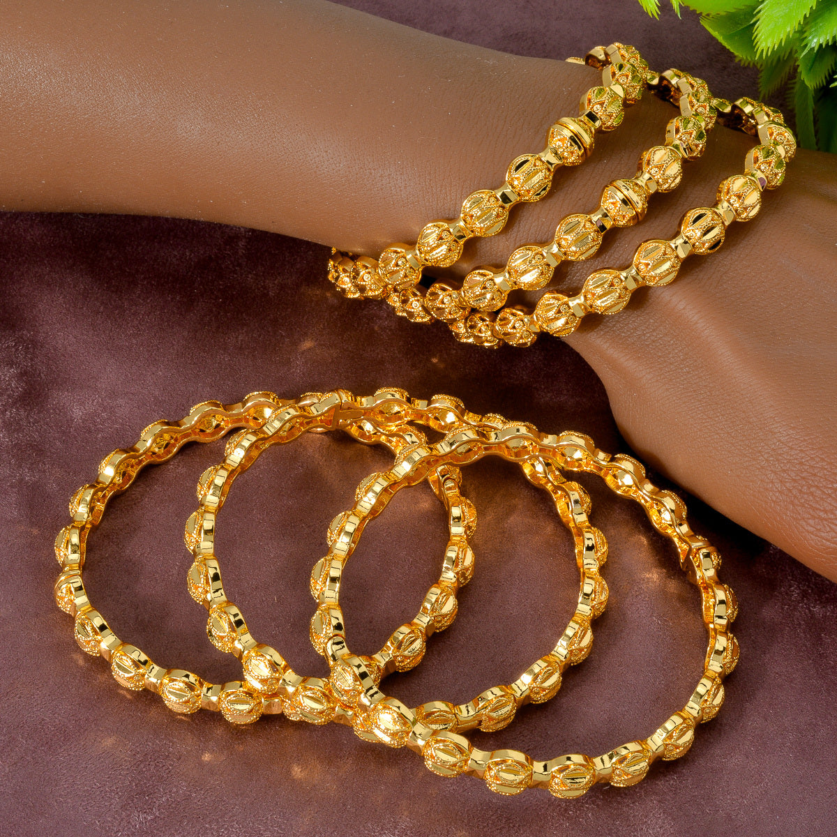 Middle Eastern Style Luxury Golden Ladies Fashion Copper Bracelet Set with 4 pieces - Unique Geometric Carved Round Luxury Jewelry Set, Perfect Romantic Wedding Gift for Mother and Girlfriend.