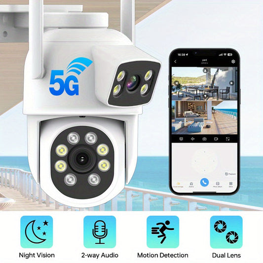 Introducing the ZHXINSD Dual Lens PTZ Security Camera - Featuring 4MP Resolution, IP65 Waterproof Rating, Color Night Vision, 2-Way Audio, Dual Band WiFi Support, and Compatibility with SD Card & Cloud Storage Options (Subscription Required)