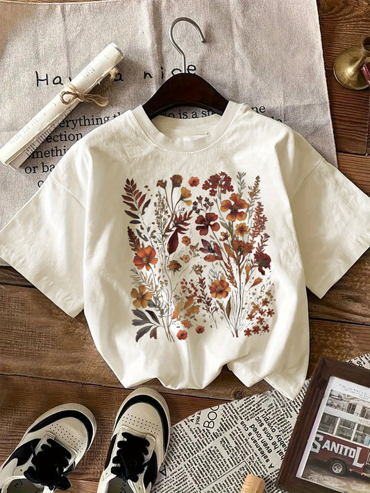 Women's floral graphic print t-shirt with crew neck, short sleeves, and regular length, suitable for all seasons. Made of 100% knit fabric weighing 180gsm.