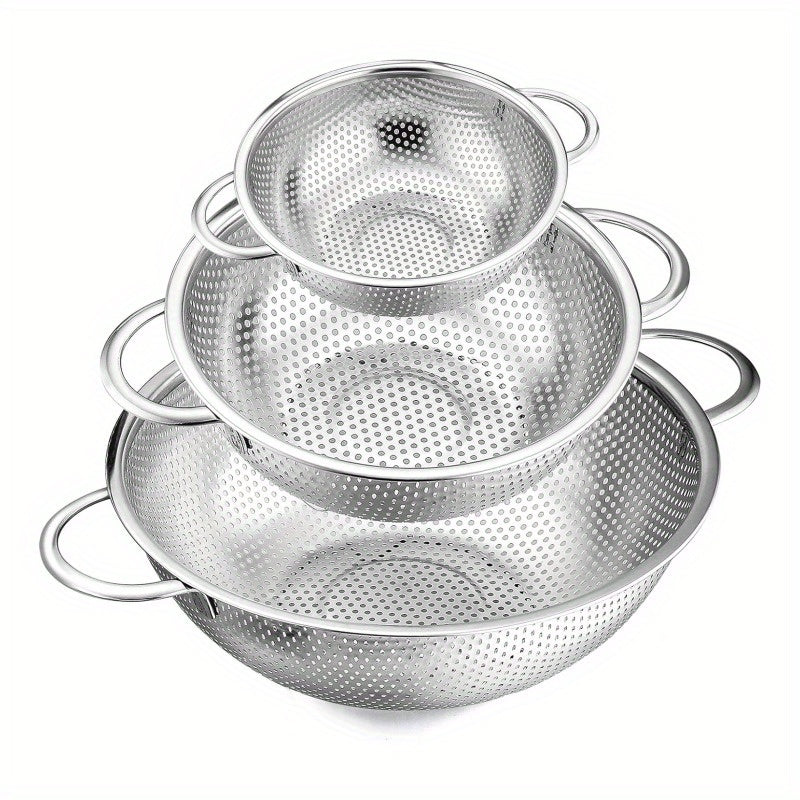 Set of 3 Stainless Steel Strainers, Microporous Metal Colanders with Handles, Durable Kitchen Bowls for Draining Pasta, Vegetables, and Fruits - Food Safe, Dishwasher Safe, Includes 1-3-5 Quart Sizes