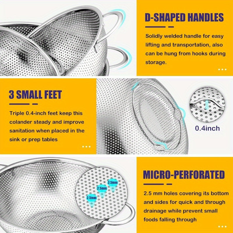 Set of 3 Stainless Steel Strainers, Microporous Metal Colanders with Handles, Durable Kitchen Bowls for Draining Pasta, Vegetables, and Fruits - Food Safe, Dishwasher Safe, Includes 1-3-5 Quart Sizes