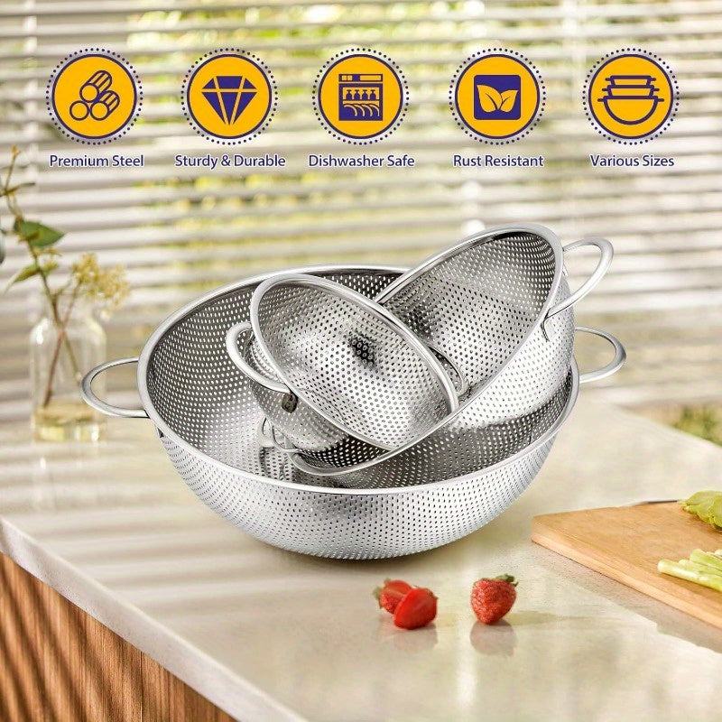 Set of 3 Stainless Steel Strainers, Microporous Metal Colanders with Handles, Durable Kitchen Bowls for Draining Pasta, Vegetables, and Fruits - Food Safe, Dishwasher Safe, Includes 1-3-5 Quart Sizes