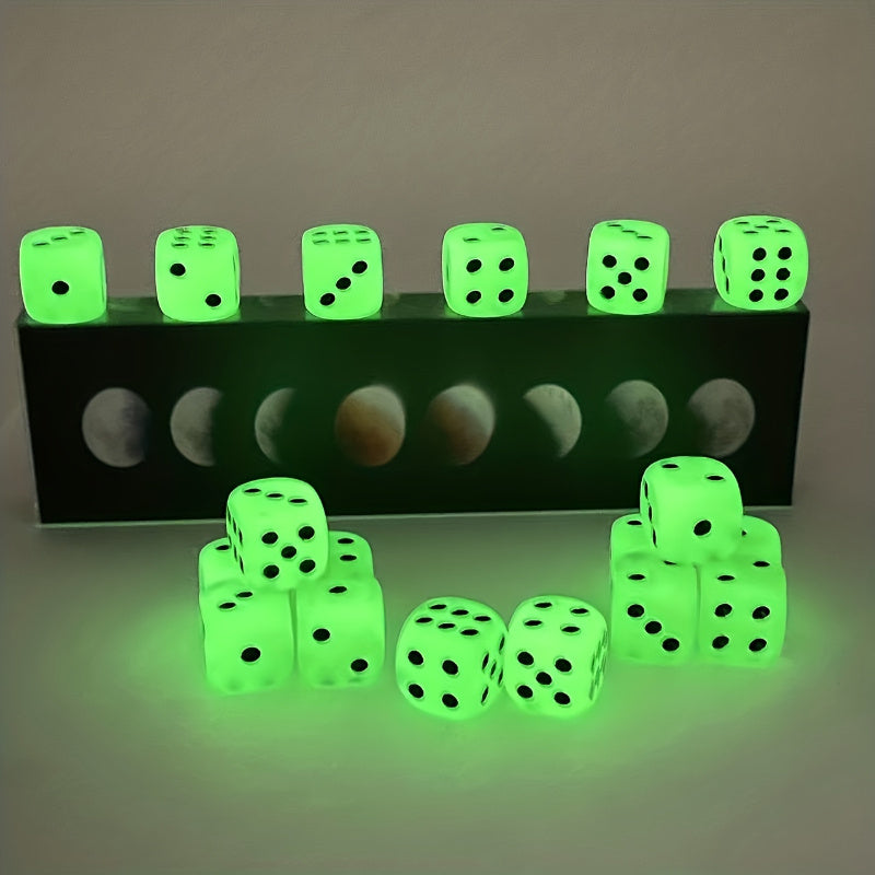 Glow-in-the-Dark Dice Set- 6pcs, 14mm acrylic resin dice for nightclubs and home games. Durable tabletop gaming accessories.