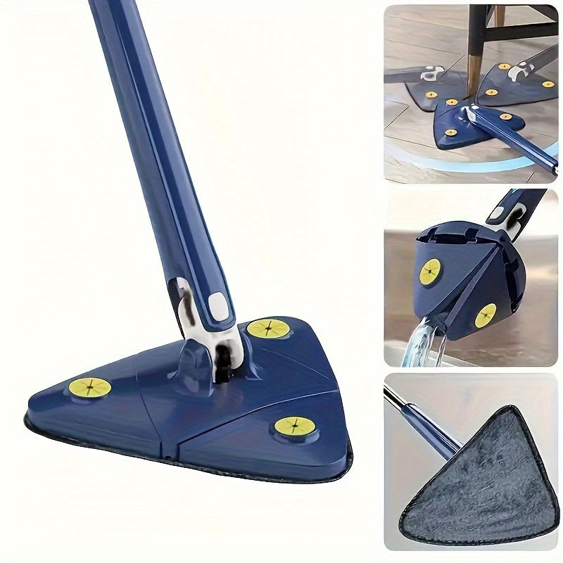 The Stainless Steel 360° Rotating Triangle Mop comes with 3 replacement cloths, a long handle, and hands-free squeeze technology. This dual-use mop is perfect for both wet and dry cleaning in the living room, bedroom, bathroom, kitchen, and toilet.