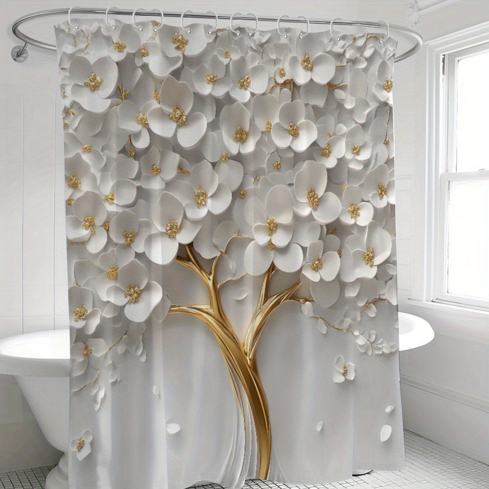 Floral bath drapes with 12 hooks in white flower and landscape theme by suige home, made of waterproof woven polyester and machine washable.