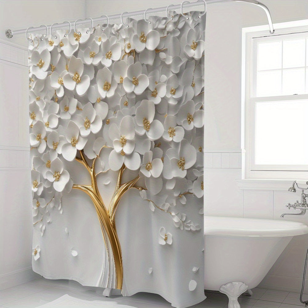 Floral bath drapes with 12 hooks in white flower and landscape theme by suige home, made of waterproof woven polyester and machine washable.