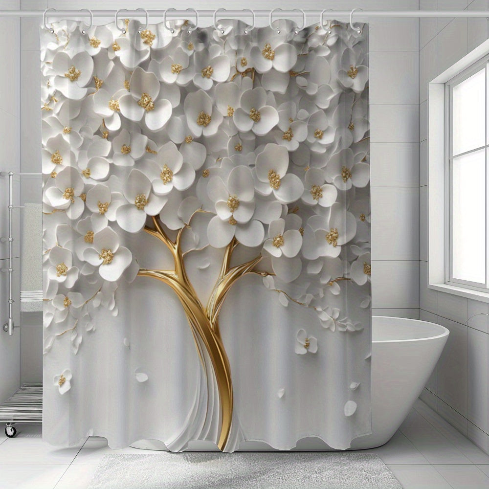 Floral bath drapes with 12 hooks in white flower and landscape theme by suige home, made of waterproof woven polyester and machine washable.