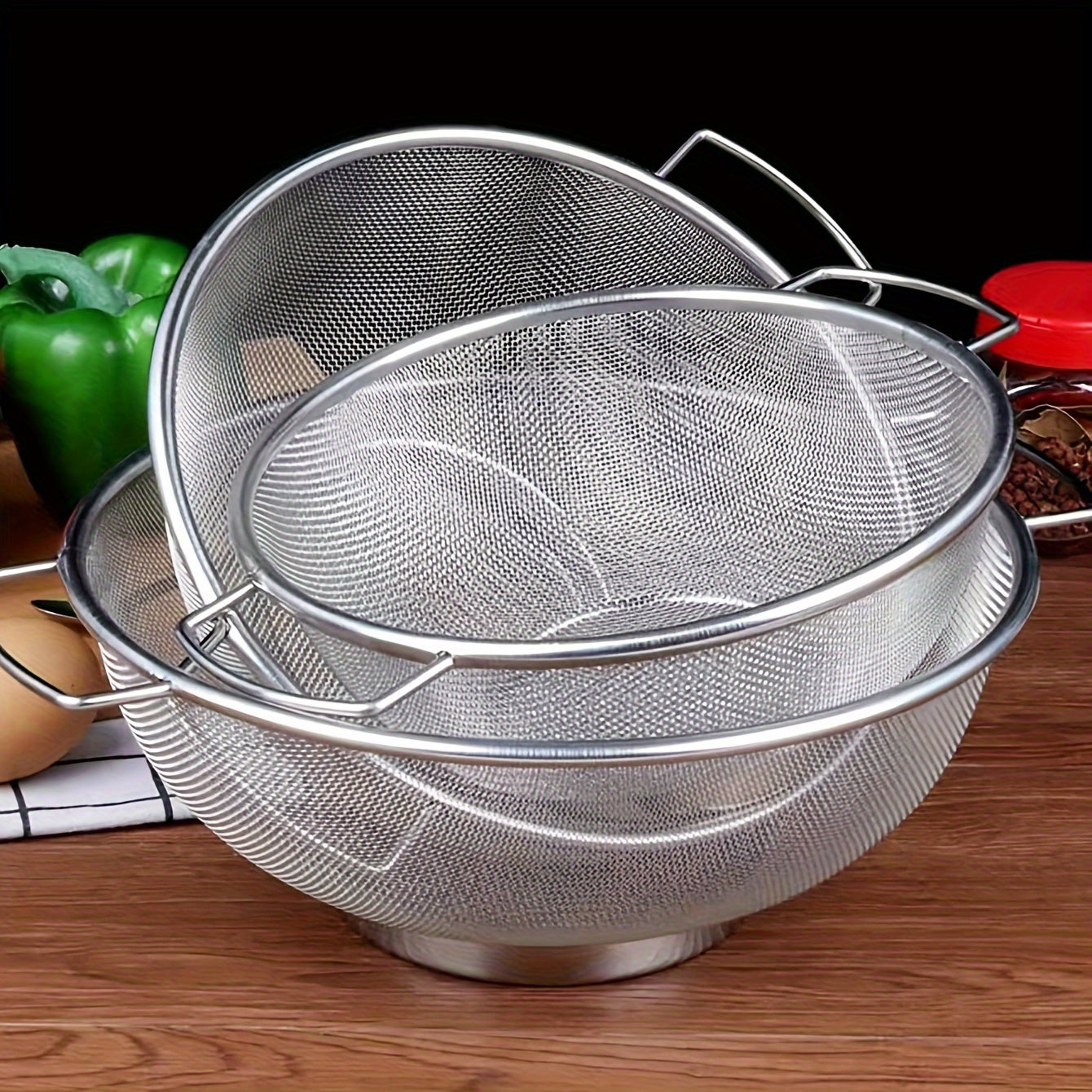 Set of 3 Stainless Steel Drain Baskets with Comfortable Grip Handles - Strong, Fine Mesh for Straining Pasta, Vegetables, Rice, and Fruits - Must-Have Kitchen Accessory