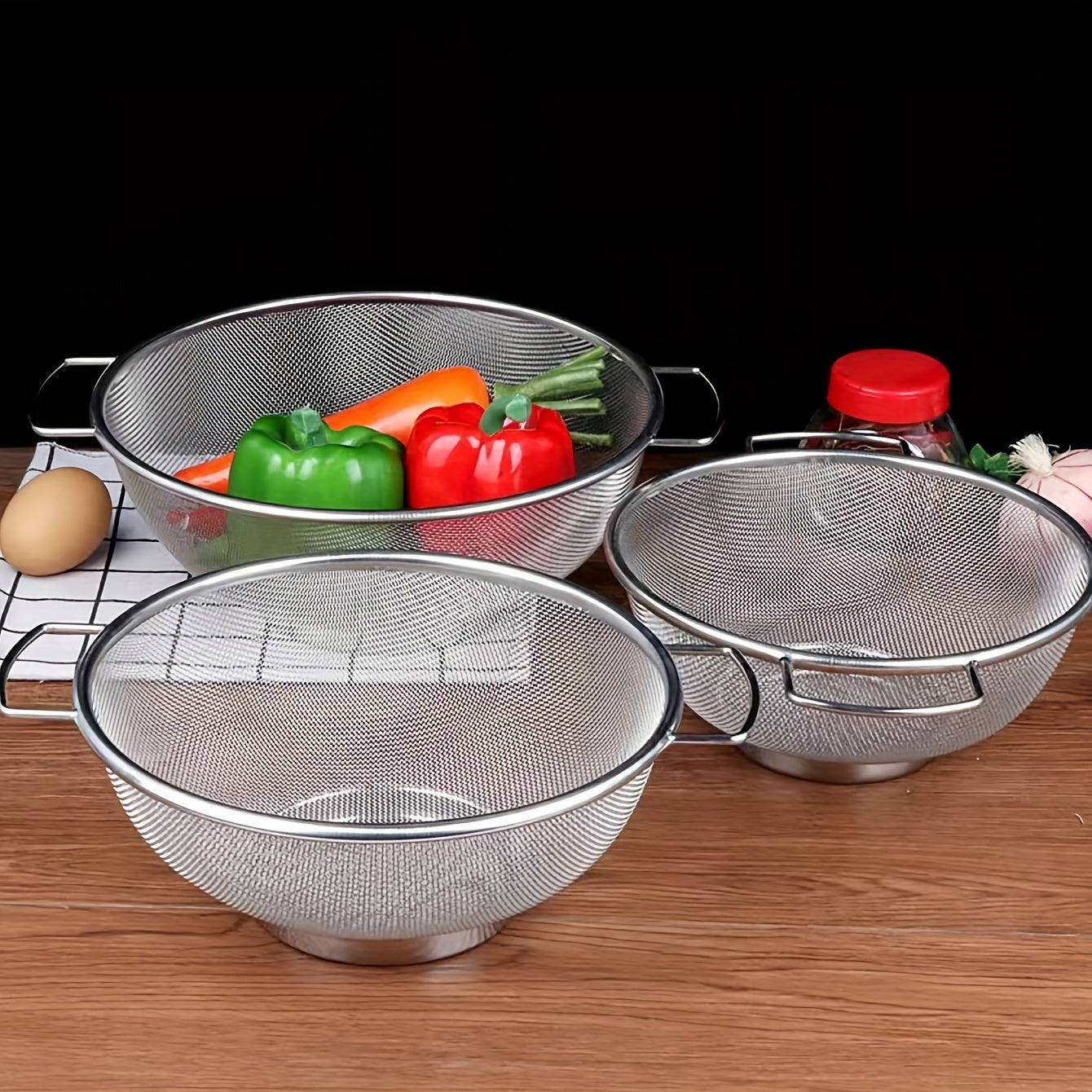 Set of 3 Stainless Steel Drain Baskets with Comfortable Grip Handles - Strong, Fine Mesh for Straining Pasta, Vegetables, Rice, and Fruits - Must-Have Kitchen Accessory