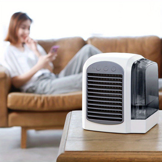 The Portable USB Mini Desk Fan with Water Cooling is a compact electric fan designed for indoor use. It features a cooling system similar to an air conditioner and comes with a power cord included.