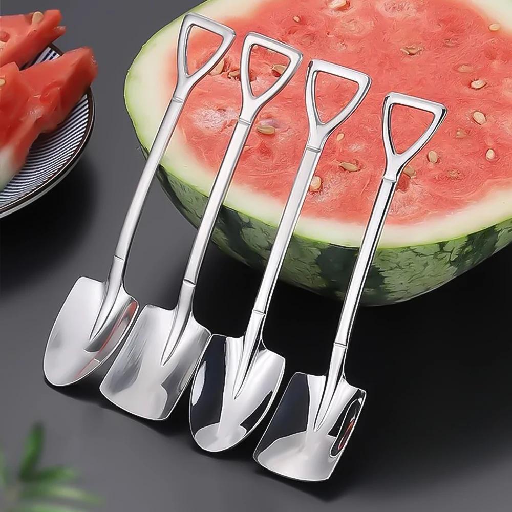 Set of 10 elegant dessert spoons in shovel shape for coffee, ice cream, and fruit.