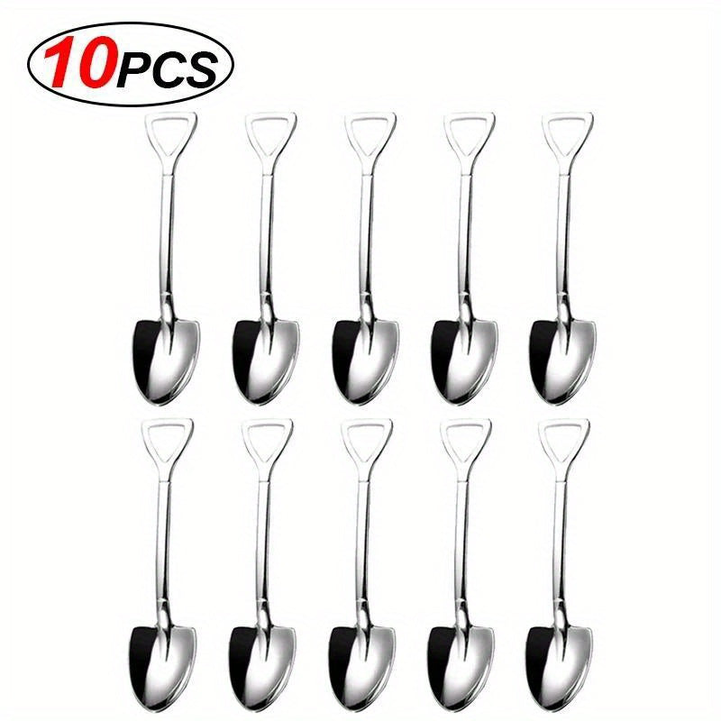 Set of 10 elegant dessert spoons in shovel shape for coffee, ice cream, and fruit.