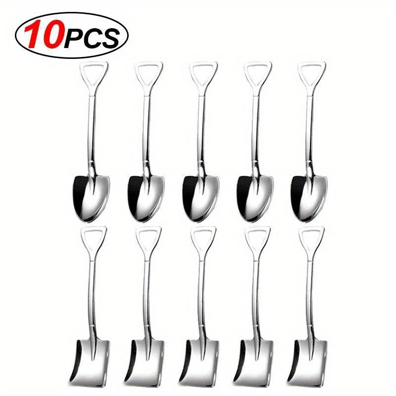 Set of 10 elegant dessert spoons in shovel shape for coffee, ice cream, and fruit.