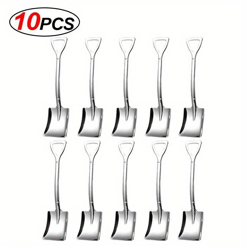 Set of 10 elegant dessert spoons in shovel shape for coffee, ice cream, and fruit.