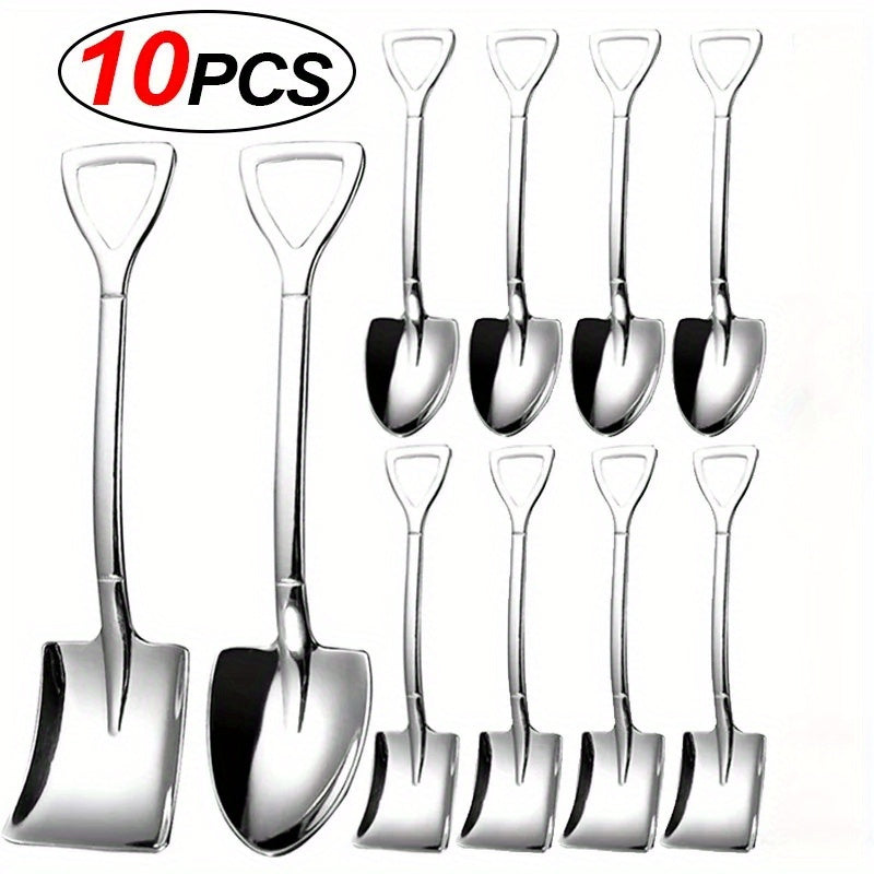 Set of 10 elegant dessert spoons in shovel shape for coffee, ice cream, and fruit.