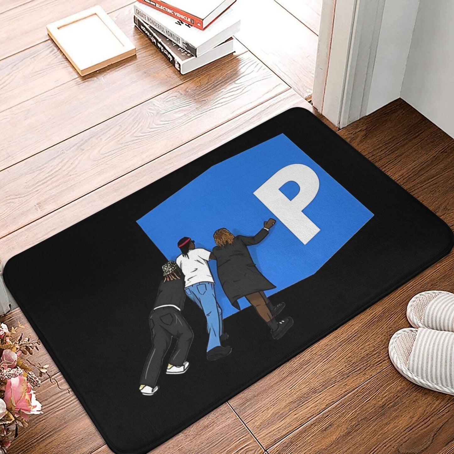 Polyester doormat with non-slip backing, featuring Pushin P, Gunna, Future, Young Thug DS4EVER fan art. This lightweight entrance rug is machine washable and perfect for home decor.