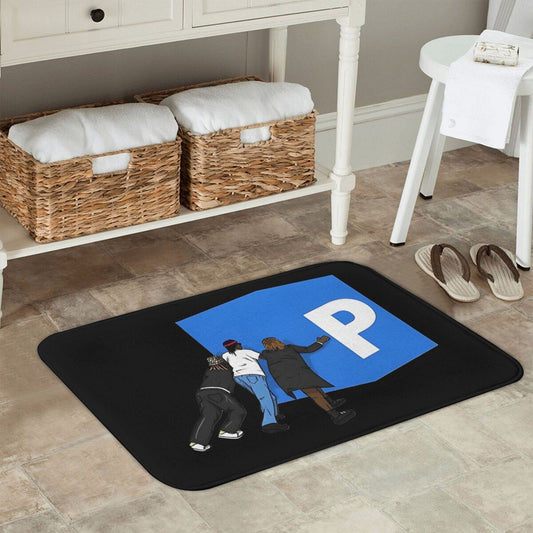 Polyester doormat with non-slip backing, featuring Pushin P, Gunna, Future, Young Thug DS4EVER fan art. This lightweight entrance rug is machine washable and perfect for home decor.