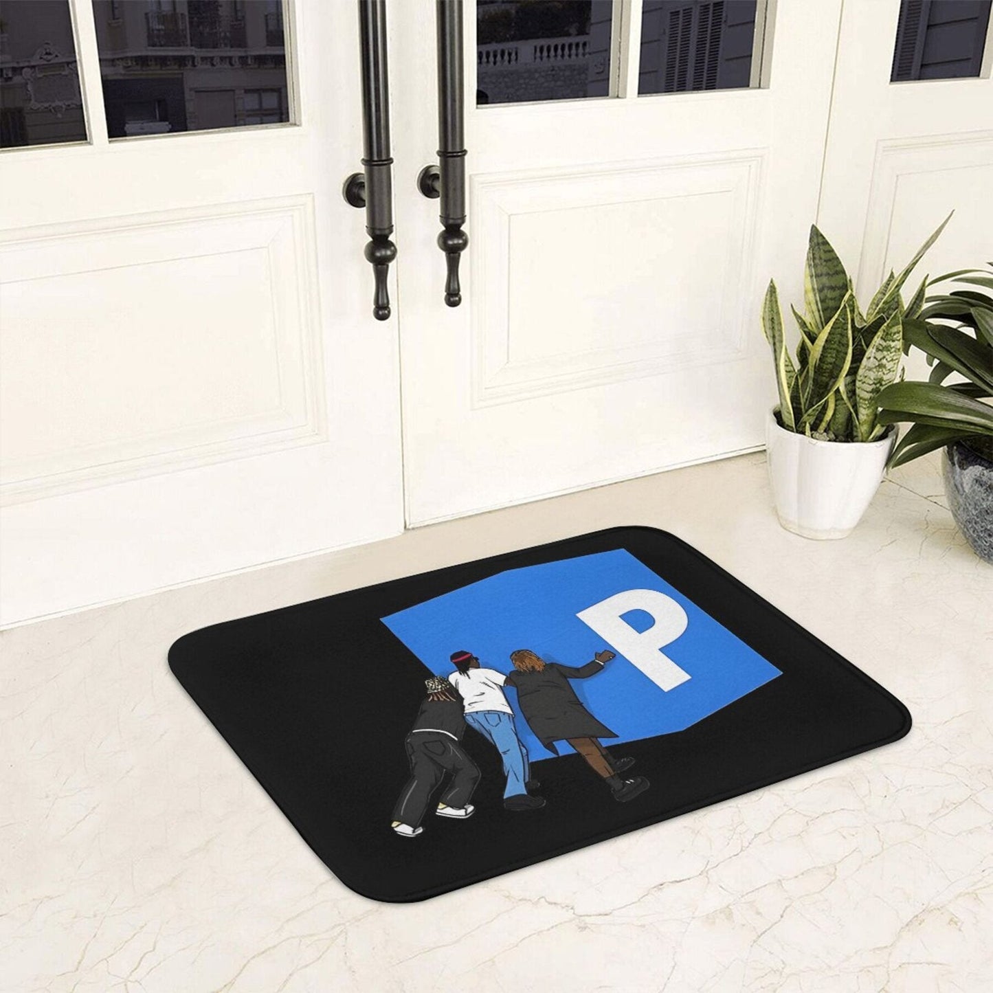 Polyester doormat with non-slip backing, featuring Pushin P, Gunna, Future, Young Thug DS4EVER fan art. This lightweight entrance rug is machine washable and perfect for home decor.