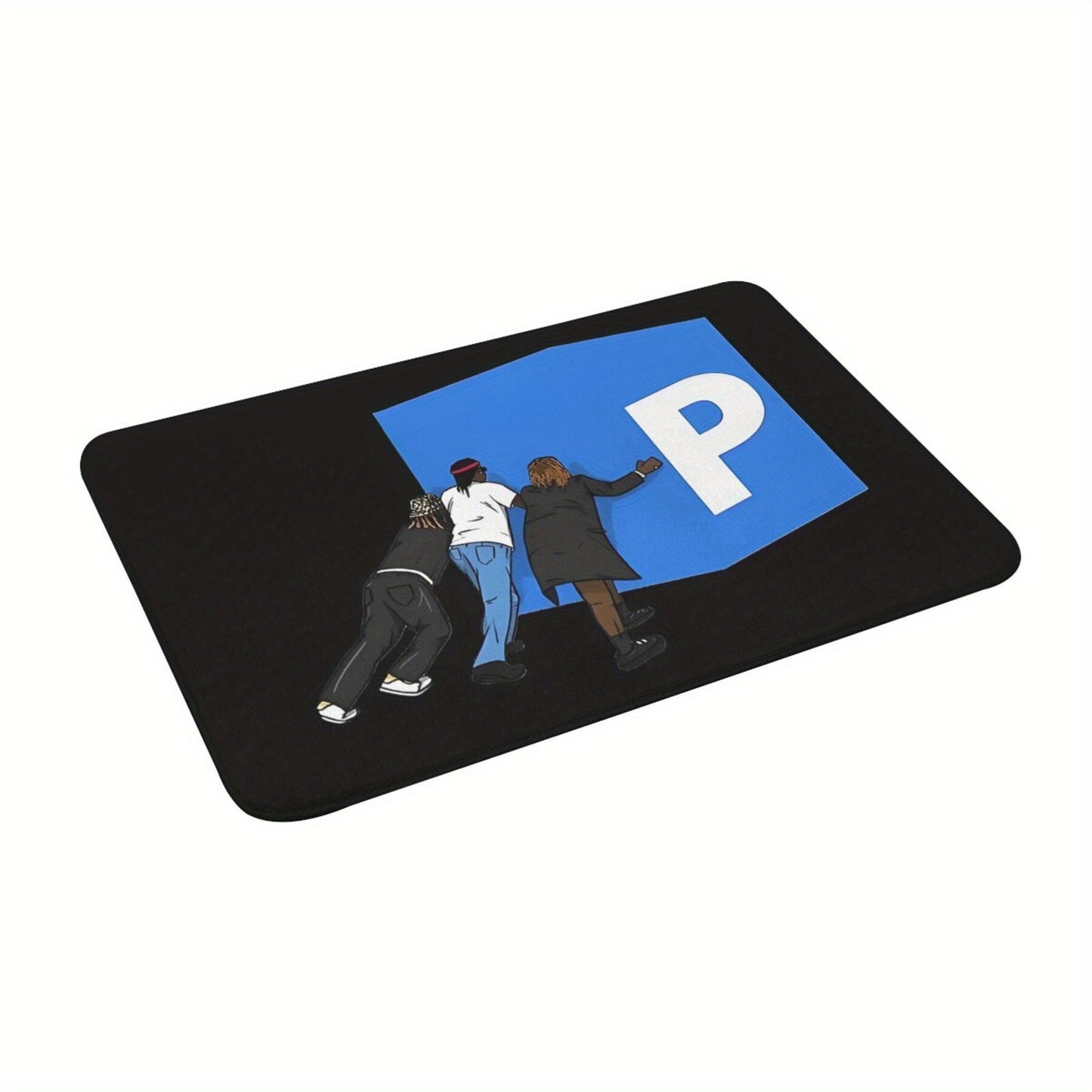 Polyester doormat with non-slip backing, featuring Pushin P, Gunna, Future, Young Thug DS4EVER fan art. This lightweight entrance rug is machine washable and perfect for home decor.