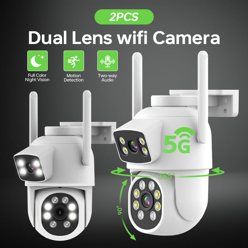 Enhance your home security with this set of 2 Dual Lens Surveillance Cameras. These cameras offer 4MP HD resolution, are IP65 waterproof, and can be used wirelessly outdoors. With 355°PTZ capabilities, motion detection, color night vision, 2-way talk