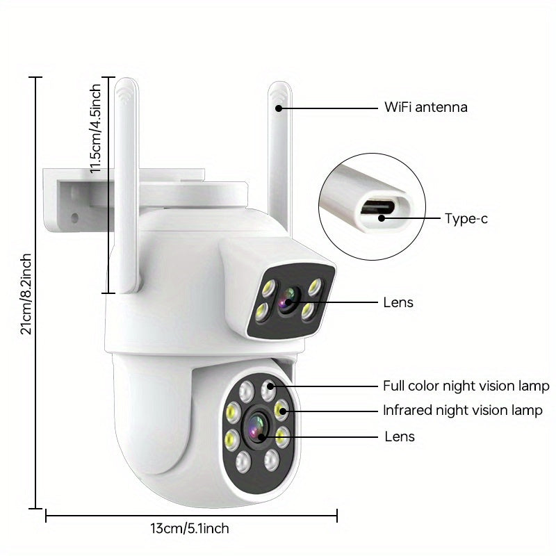 Enhance your home security with this set of 2 Dual Lens Surveillance Cameras. These cameras offer 4MP HD resolution, are IP65 waterproof, and can be used wirelessly outdoors. With 355°PTZ capabilities, motion detection, color night vision, 2-way talk