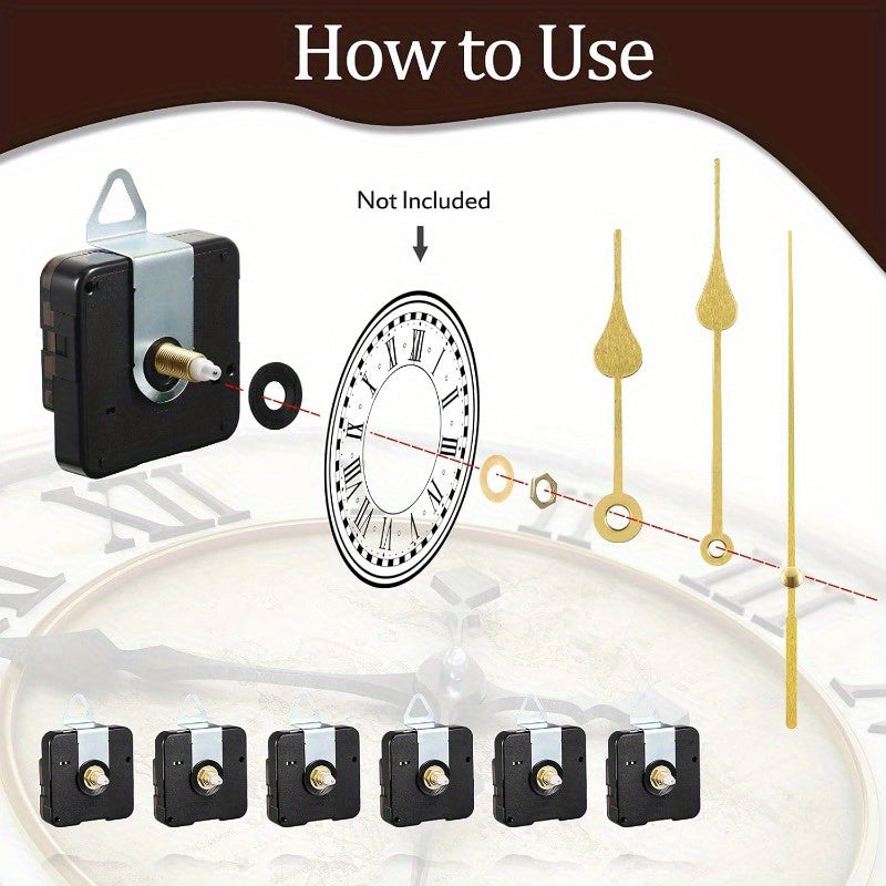 DIY Clock Repair Kit with 54 pieces, including 6 quartz movements and 24 hands. Made of plastic. Assembly required for wall clock mechanism and unique decor.